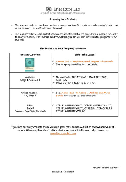 Artemis Fowl Worksheet - Chapter Questions