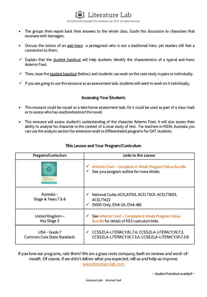 Artemis Fowl Worksheet - Character Case Study