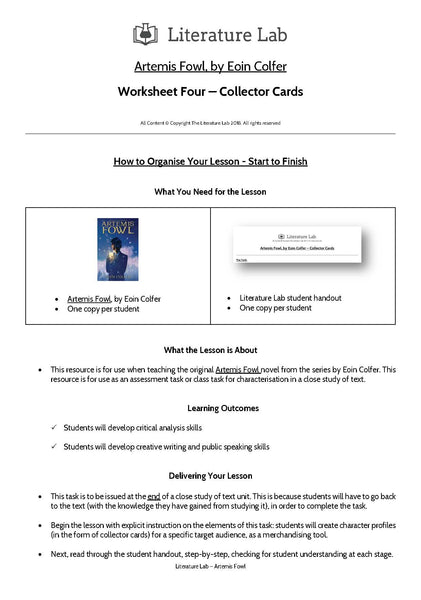 Artemis Fowl Worksheet - Collector Cards