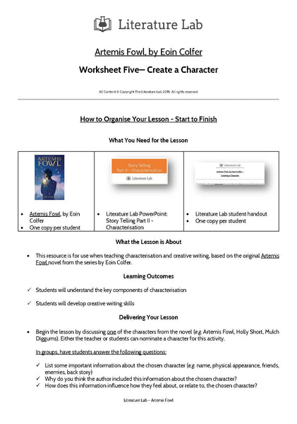 Artemis Fowl - Characterisation PowerPoint & Create a Character Worksheet