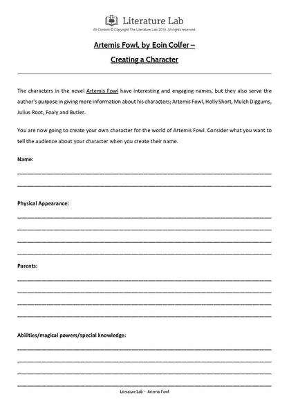 Artemis Fowl - Characterisation PowerPoint & Create a Character Worksheet