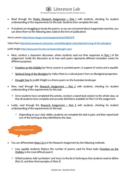 Australian Stories – Poetry Research Assignment Worksheet