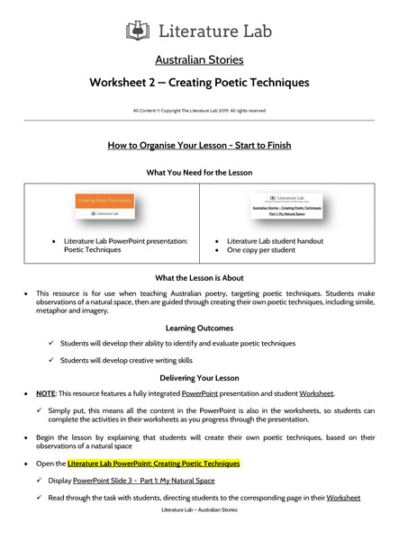 Australian Stories – Creating Poetic Techniques PowerPoint & Worksheet