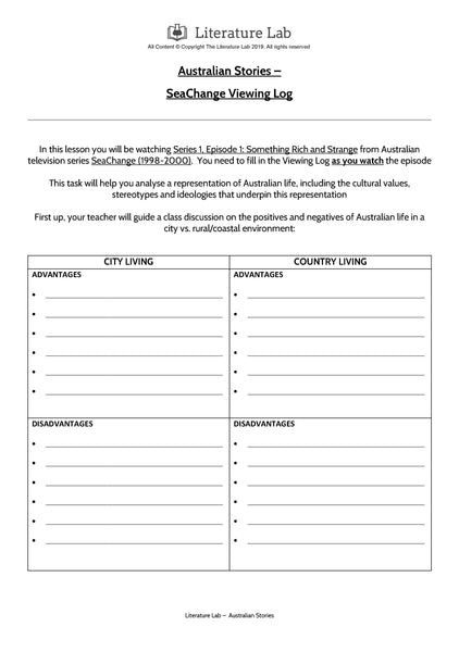 Australian Stories - SeaChange Viewing Log Worksheet