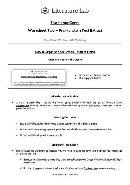 Horror Worksheet - Frankenstein Text Extract