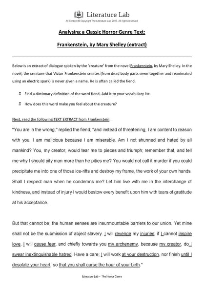 Horror Worksheet - Frankenstein Text Extract