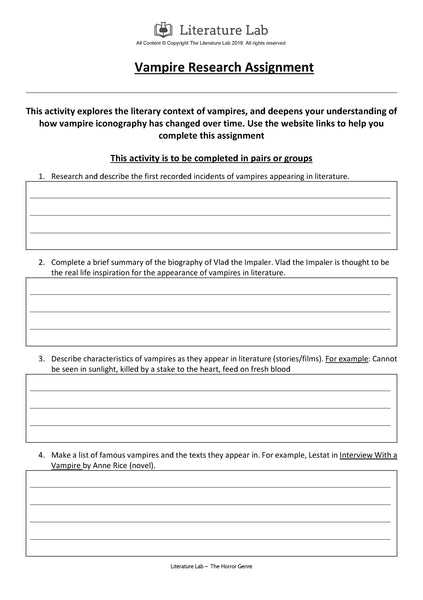 Horror Worksheet: Vampire Research Assignment