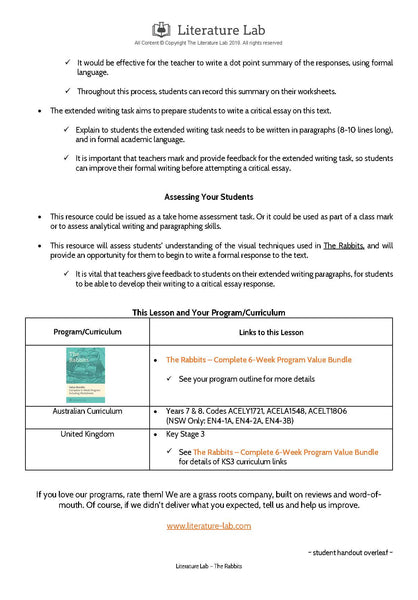 The Rabbits Worksheet - Analysing Visual Techniques