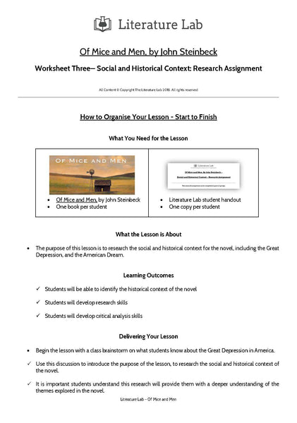 Of Mice and Men Worksheet - Social and Historical Context