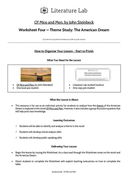 Of Mice and Men Worksheet - American Dream Theme Study